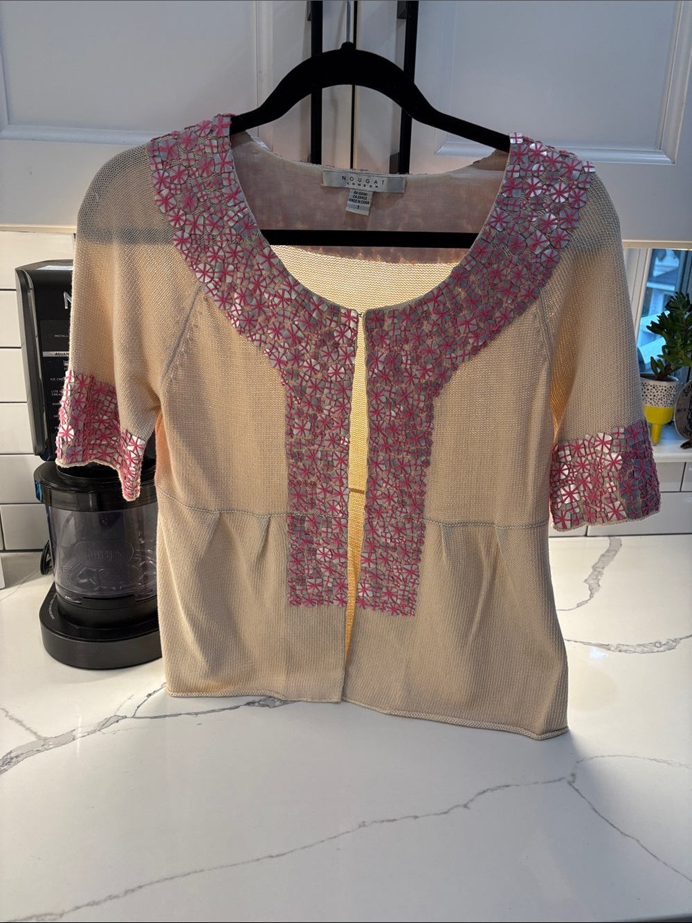 Nougat London Cream Short-Sleeve Cardigan with Pink Embroidered Trim